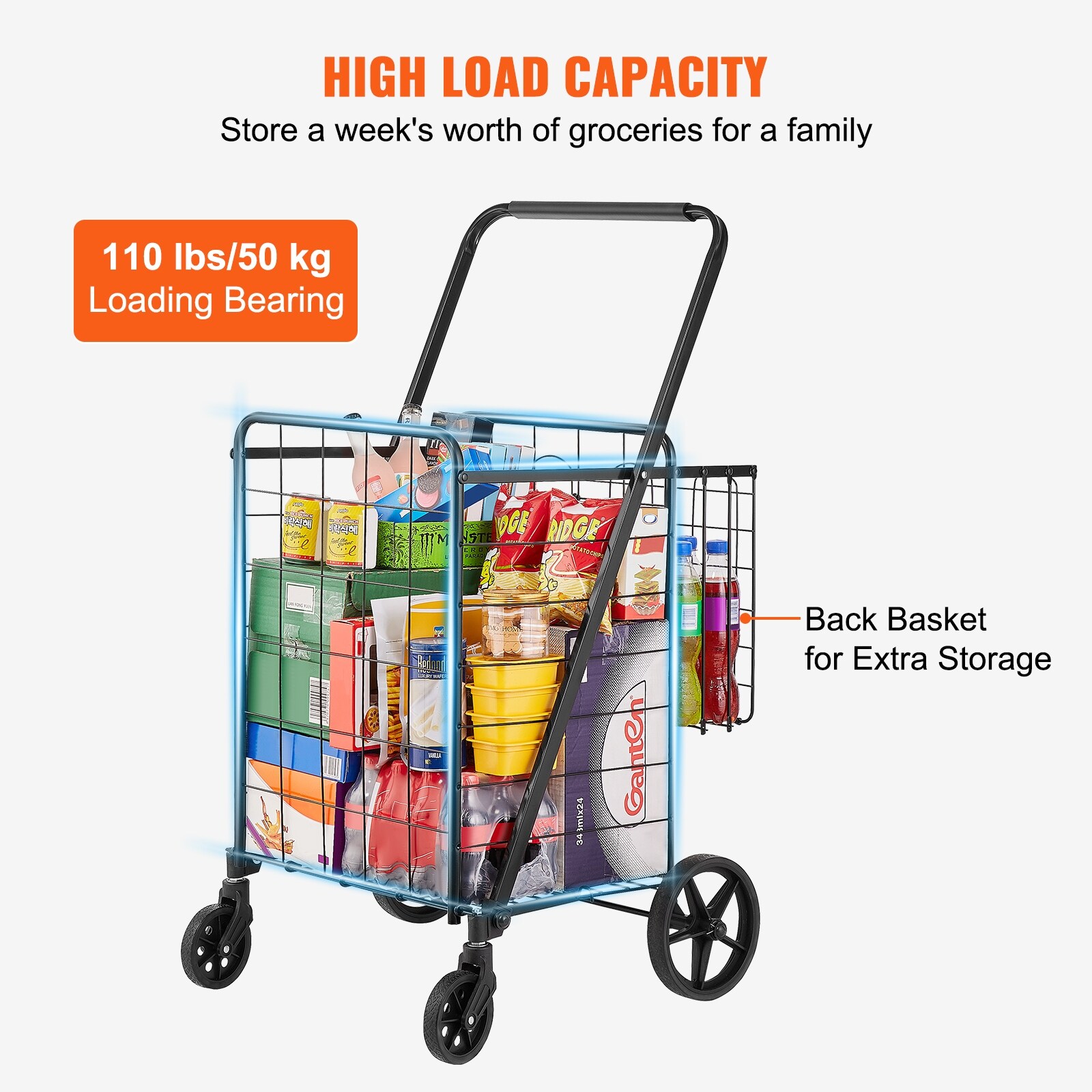 VEVOR Folding Shopping Cart Jumbo Grocery Cart with Double Baskets 360 Swivel Wheels Heavy Duty Utility Cart 110 Lbs Large Capacity Utility Cart