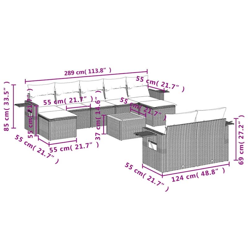 vidaXL Garden Sofa Set 10 Piece with Cushions Outdoor Sofa Set Poly Rattan - 24.4 x 24.4 x 27.2 in (W x L x H)