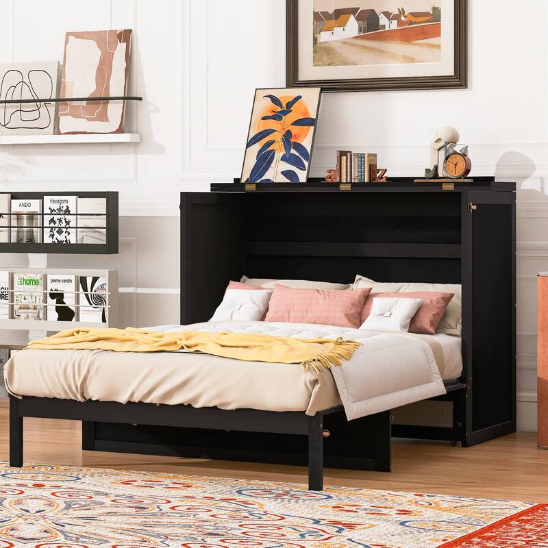 Rattan Weaving Accents Murphy Bed Full Size Foldable Wall Cabinet Bed with Underbed Storage Drawers and Golden Handles