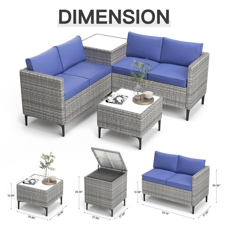 4-Piece Rattan Patio Set – Modular Sectional with Storage Box & Glass Table, Weather-Resistant for Outdoor Lounge,