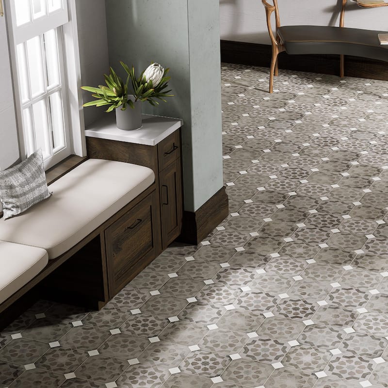 Merola Tile Laverton Octagon Deco Sombra with Taco Nieve 7-7/8" x 7-7/8" Porcelain Floor and Wall Tile