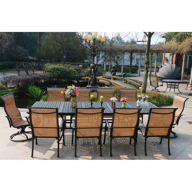 Yorkshire 11pc Aluminum Sling Dining Set, 48x84/105/127 Rectangle Extension Table