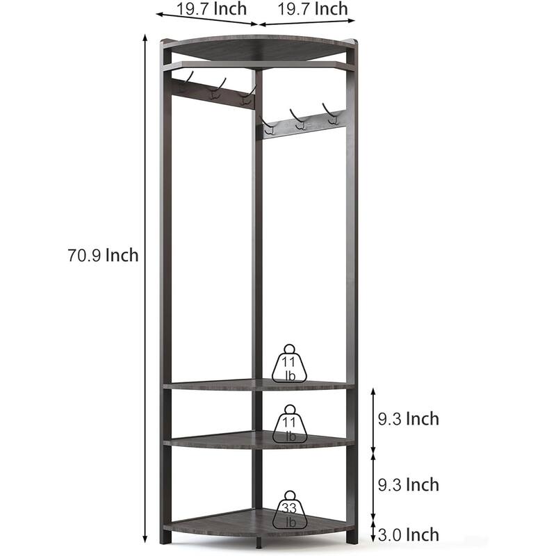Coat Rack Stand Corner Hall Tree With Shoe Bench 6 Hooks and Storage Shelf