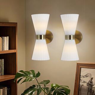 2-Light Modern Brushed Brass & Frosted Glass Wall Sconce (Set of 2) - N/A