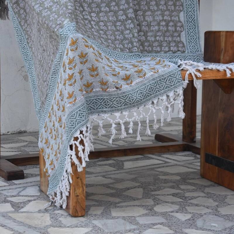 Fabdivine Damaru Saat Paati Handcrafted Cotton Blanket - Hand Block Printed Bohemian Home Accent Throw with Fringe, 90" x 54"