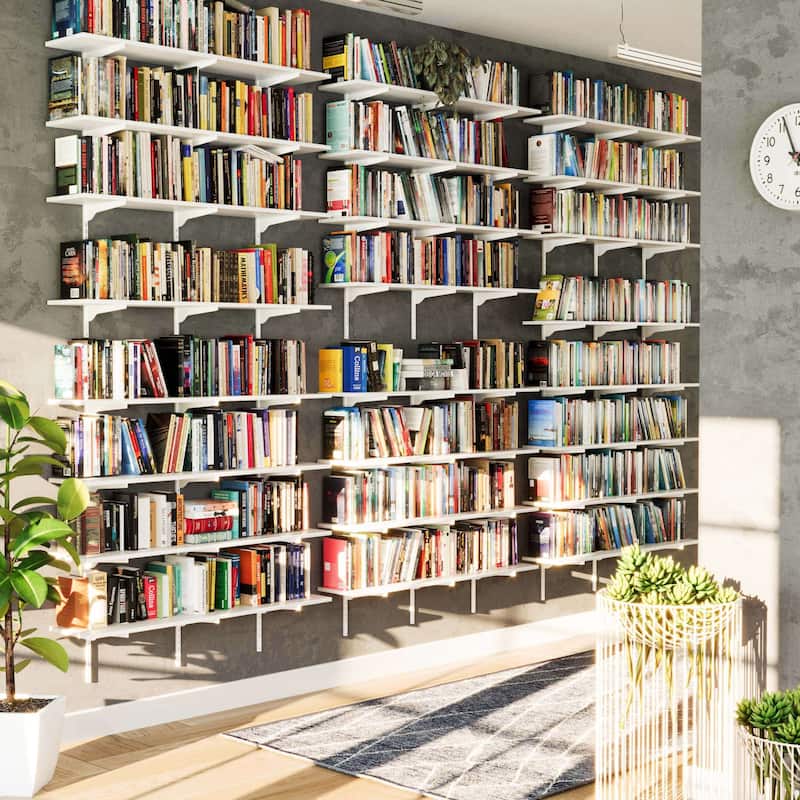 Wallniture Turin 48" Floating Bookshelves with Adjustable Brackets, Wall Shelf Unit for Living Room, Custom Tier Options, White