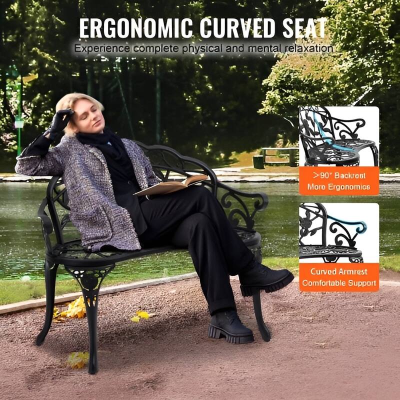 Black Metal Outdoor Garden Bench, Floral Design, 480lb Patio Seating - 22.4” L x 38.8” W x 31.1” H
