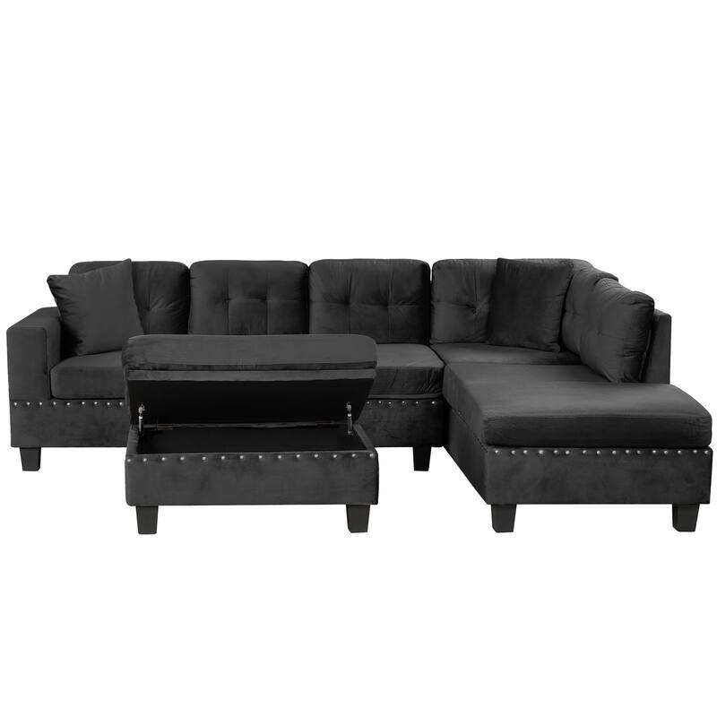 105.1" Velvet L-Shaped Sectional Sofa with Ottoman & Cup Holders