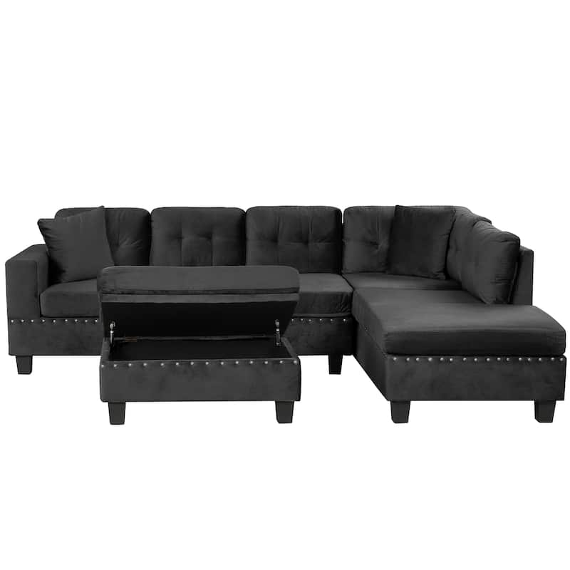 Roomfitters Sectional Sofa with Storage Ottoman, Reversible Chaise, Cup Holders and 2 Pillows for Living Room
