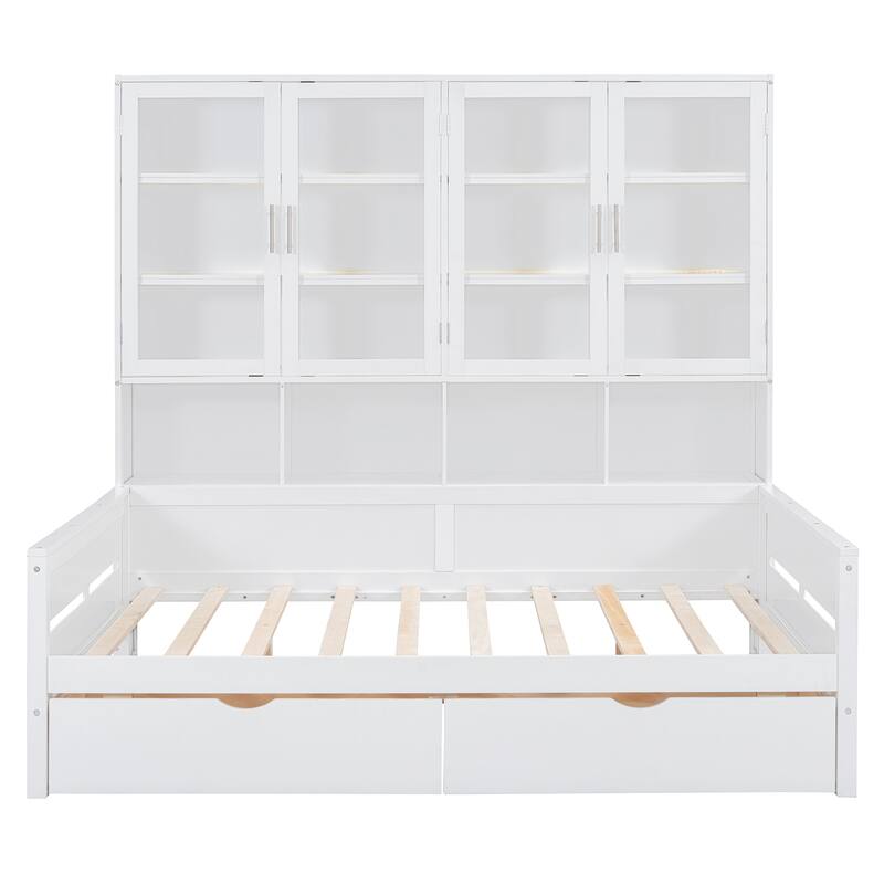 Bookcase Daybed with Storage Cabinets Wooden Captains Bed Built-in LED Lighting