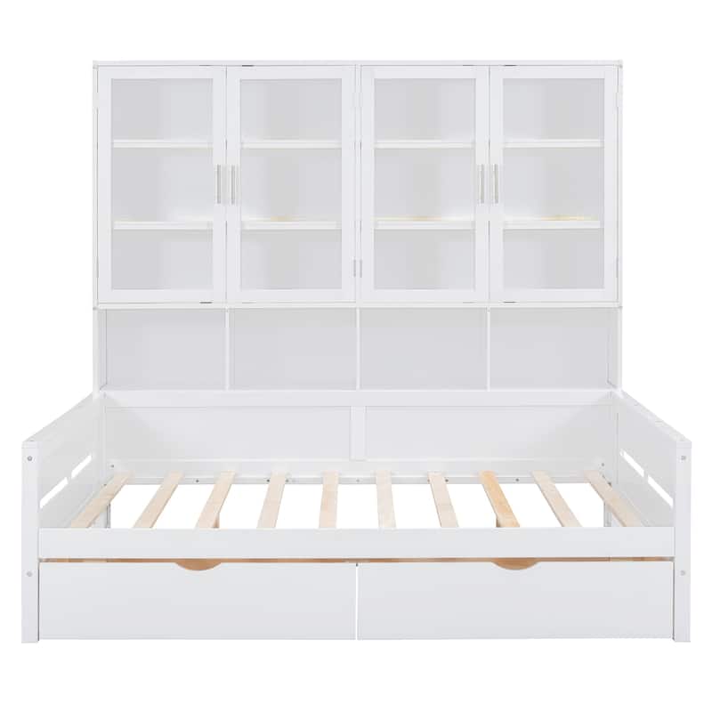 Full Size Wooden Daybed with Glass-Door LED Cabinet & Shelves - 600LB Capacity