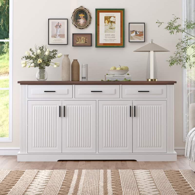 63" Fluted Farmhouse Credenza - Multi-Functional Storage Unit with Coffee Bar Top, 4 Cabinet Doors & 3 Organizational Drawers‌ - White