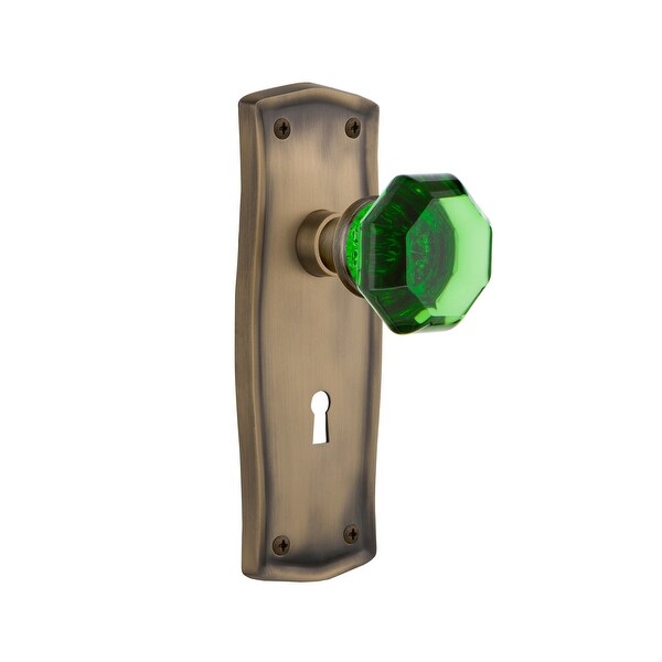 Nostalgic Warehouse PRAWAE_MRT_214_KH Prairie Solid Brass Rose Mortise Keyed Entry Knob Set with Emerald Waldorf Knob and