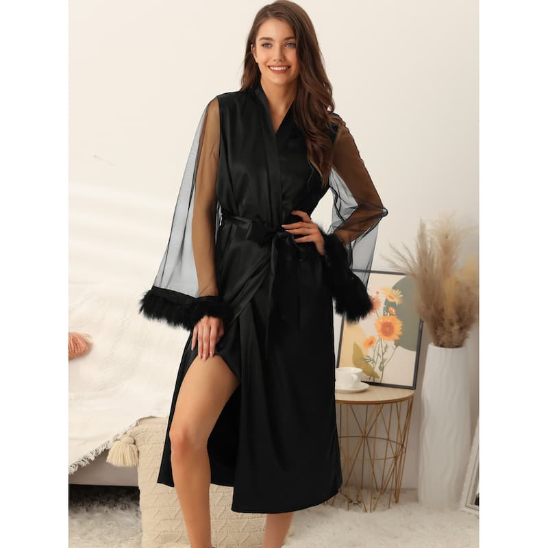 Women's Satin Robe Feather Trim Bridesmaid Bathrobe Mesh Long Sleeve Bridal Party Sleepwear - Black - L