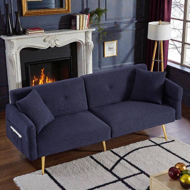 Modern Teddy Loveseat Sofa with Side Pocket, Folding Sleeper Sofa Bed with Adjustable Backrest and Golden Metal Legs - Dark Blue