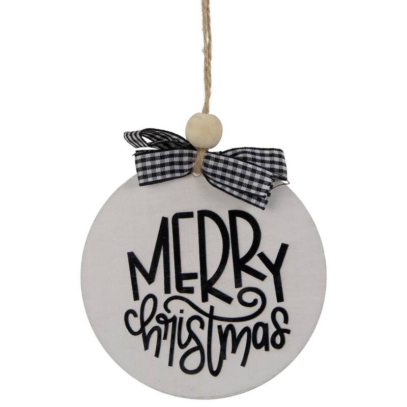 Wooden "Merry Christmas" Disc Ornament with Plaid Bow - 4" - White and Black