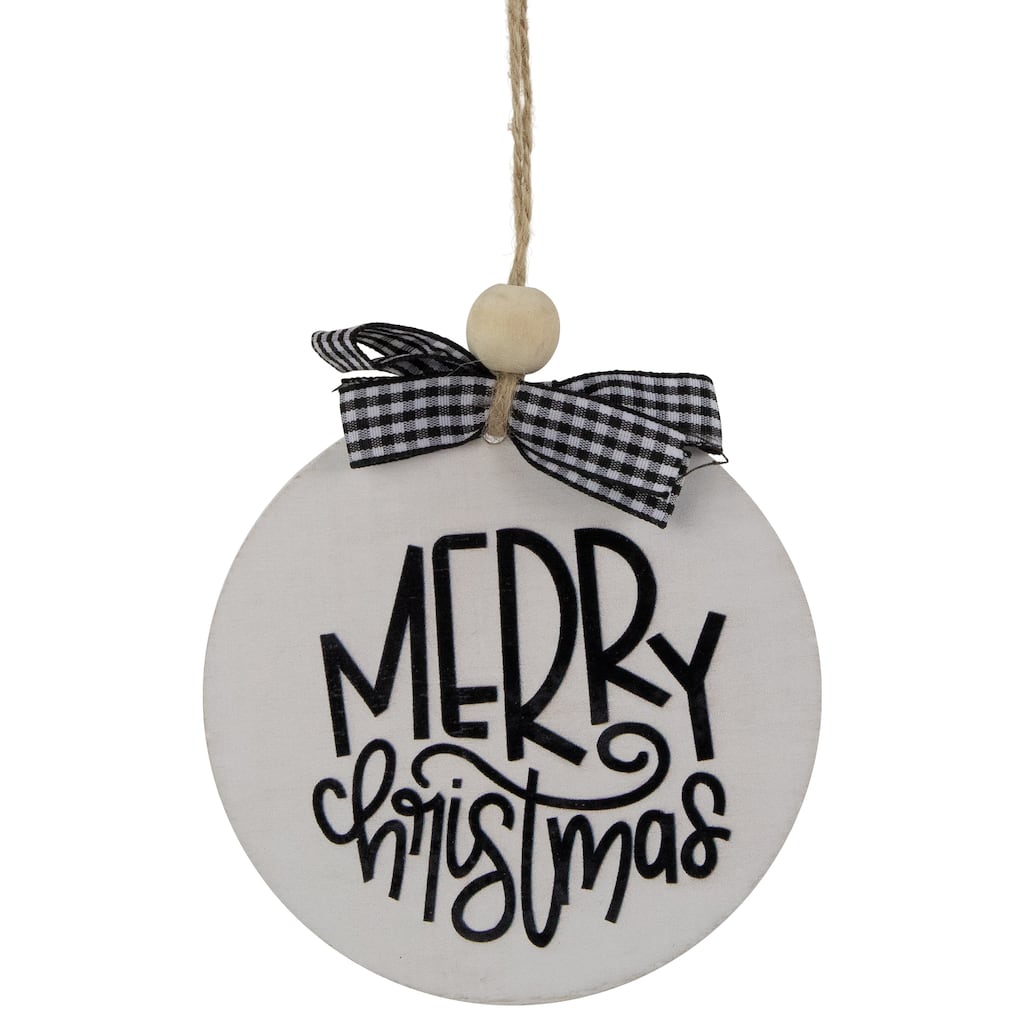 4" Black and White Merry Christmas Ornament Wooden Disc with Plaid Bow