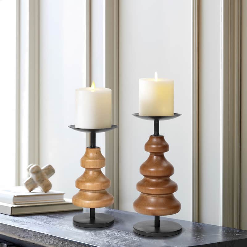 2-Piece Birch Wood with Metal Pillar Candle Holder Set