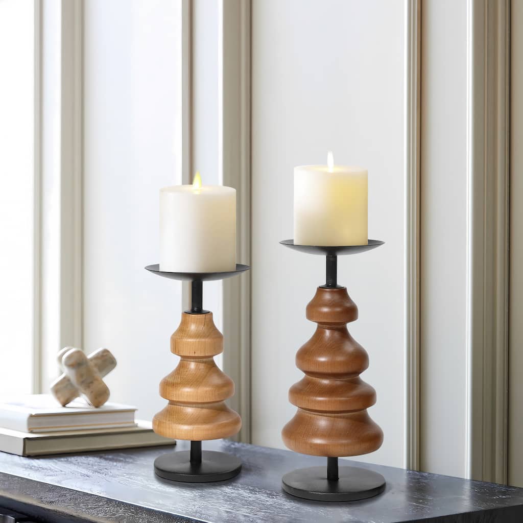 2-Piece Birch Wood with Metal Pillar Candle Holder Set