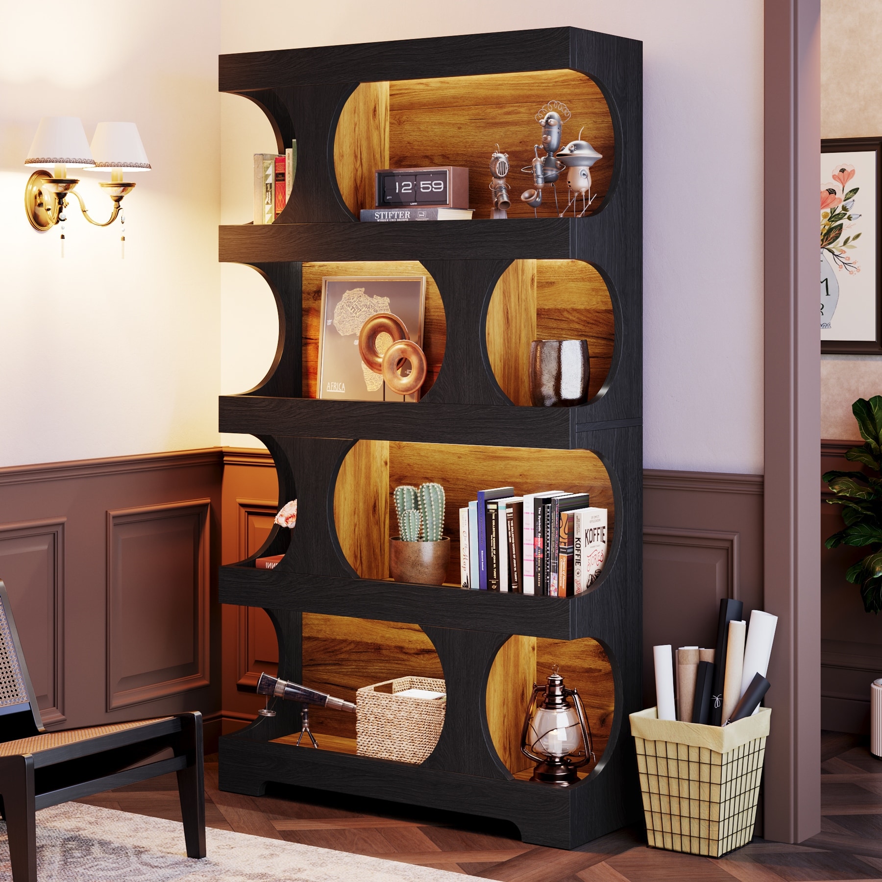 71” Tall Bookshelf, 4-Tier Wood Etagere Bookcase, Modern Freestanding Display Shelves for for Living Room