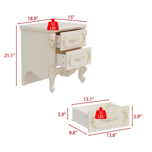French Style Nightstand with 2 Drawers Vintage White and Gold Bedside Table for Bedroom Elegant Accent Storage Cabinet