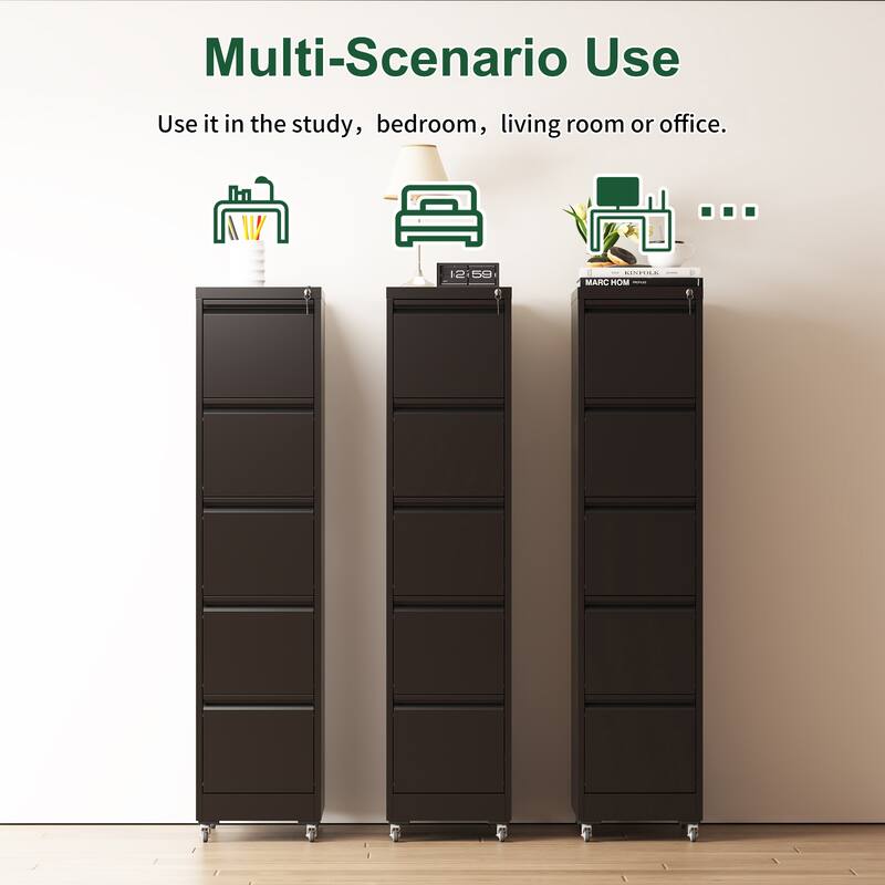 5 Drawer Metal Vertical File Cabinet with Lock on Wheels,Heavy Duty Metal Storage Cabinet for A4/Letter/Legal Size Files
