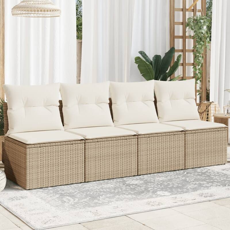 vidaXL Patio Sofa with Cushions Outdoor Seating Sectional Sofa Poly Rattan - Beige and cream 4-seater - 24.4 x 86.6 x 27.2 in