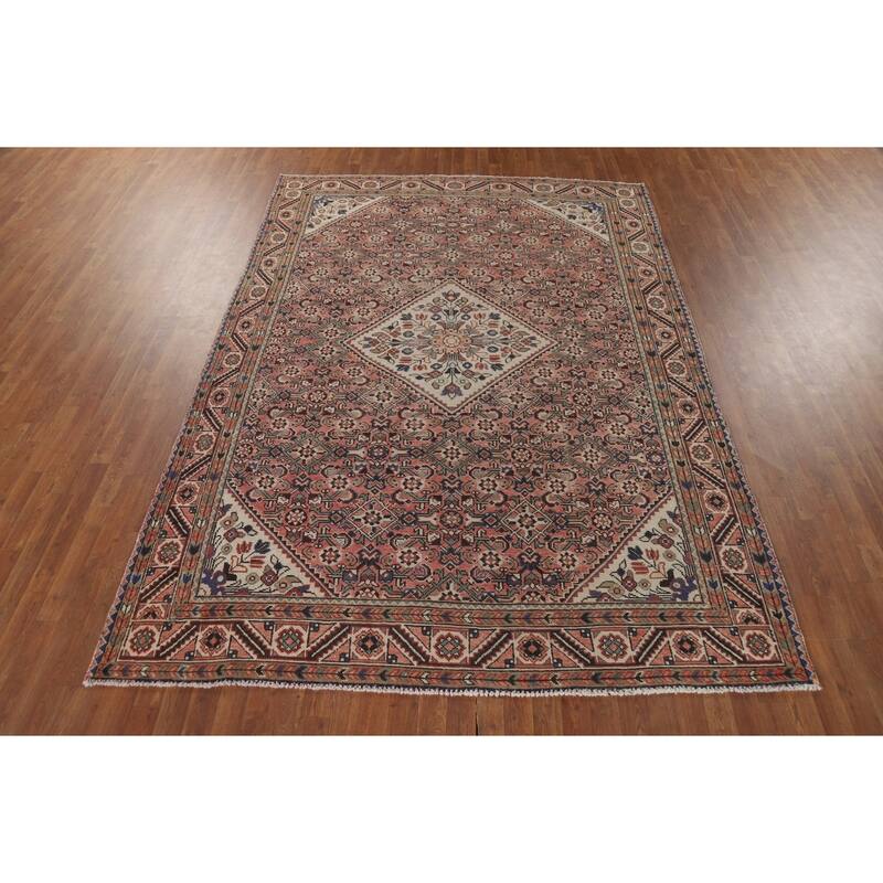 Geometric Pink Hamedan Vintage Persian Area Rug Handmade Wool Carpet - 7'5" x 10'4"