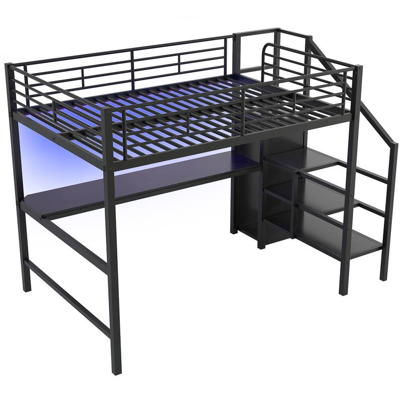 Full Size Metal Loft Bed with Desk, Storage Staircase, Small Wardrobe, and LED Light