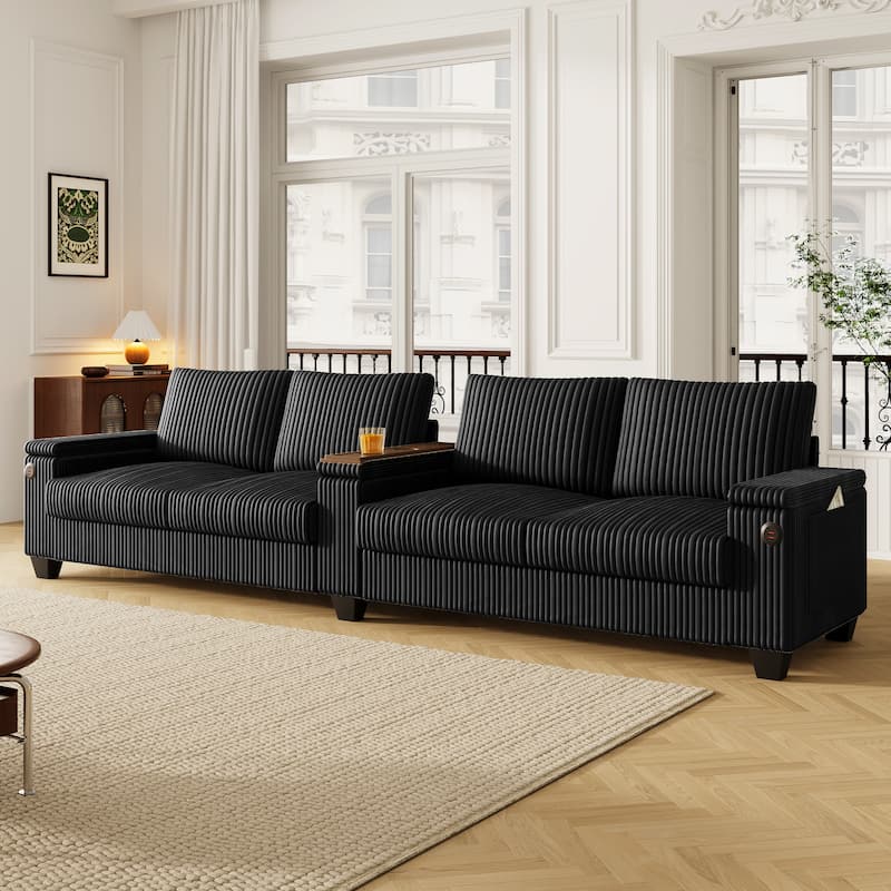 4-seater Corduroy Sofa with Storage, Cup Holders, USB Ports, 133" Length, Black