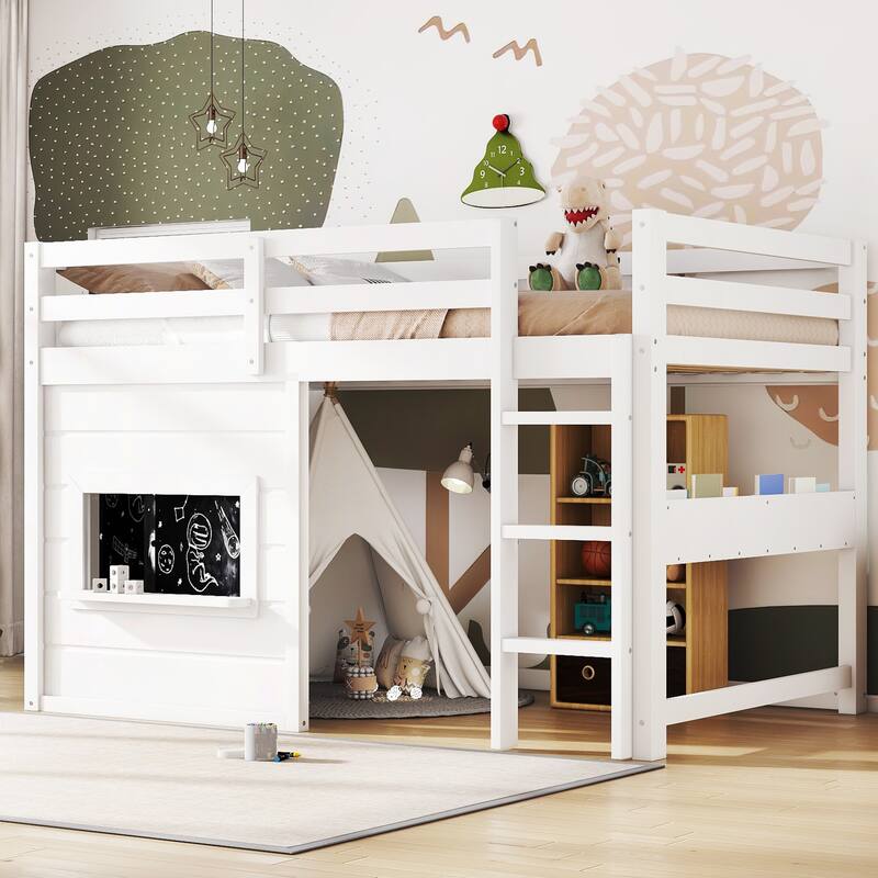 Twin Size loft bed with a playful sliding chalkboard, built-in bookshelf, and high-quality safety rails