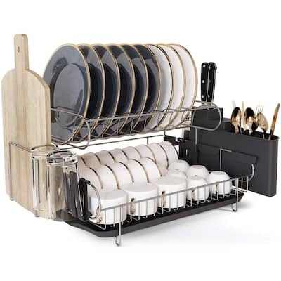 Double Tier Stainless Steel Dish Rack, with Drainboard Set and Utensil Holder - Large