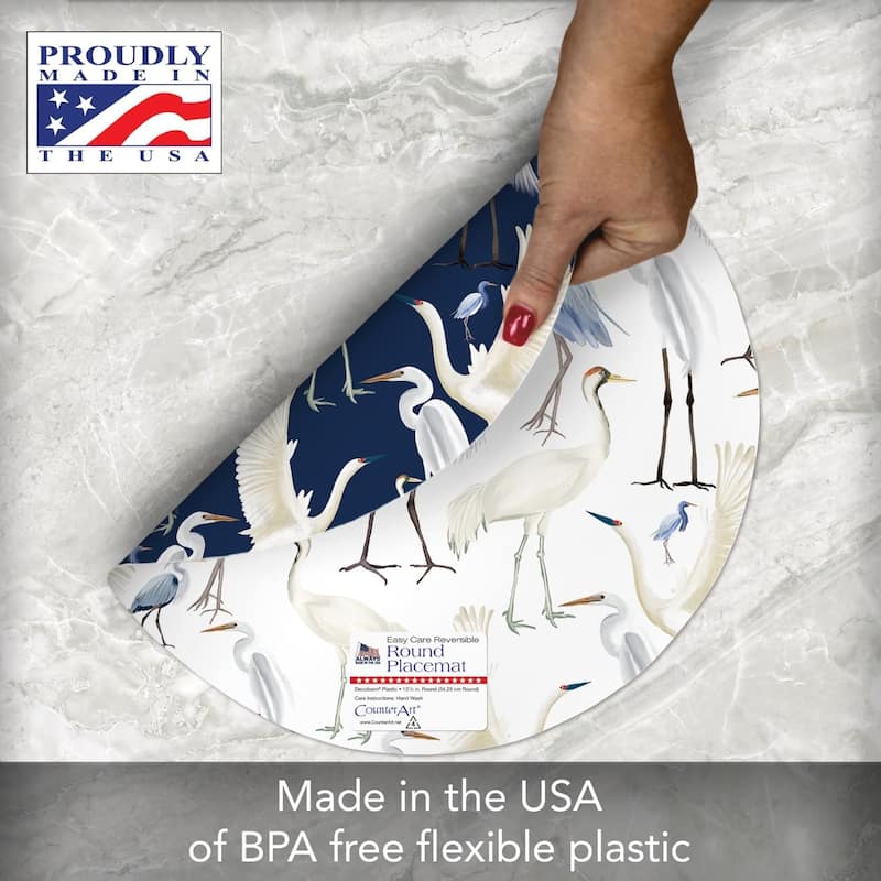 Beachy Birds 4 Pack Round Reversible Easy Care Flexible Plastic Placemats Made in The USA Reversible Flexible Easily Wipes Clean