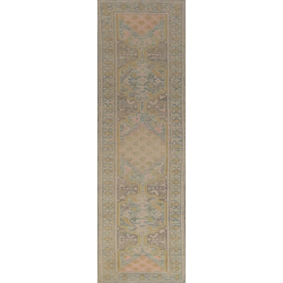 Hand Knotted Oriental 100% Wool Carpet Transitional Geometric Greys & Charcoal Oushak Runner Rug - 12' 1'' X 3' 1''