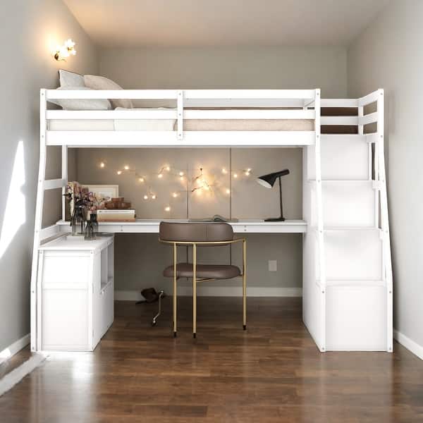 slide 2 of 9, Modern Twin Size Loft Bed With 7 Drawers,2 Shelves and Desk,Sturdy Construction White