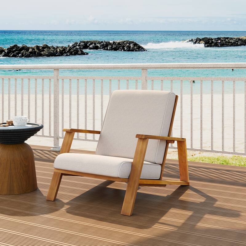 Outdoor Patio Lounge Chair‌ – Wood Frame Club Chair with Plush Cushion, Ideal for Decks & Gardens
