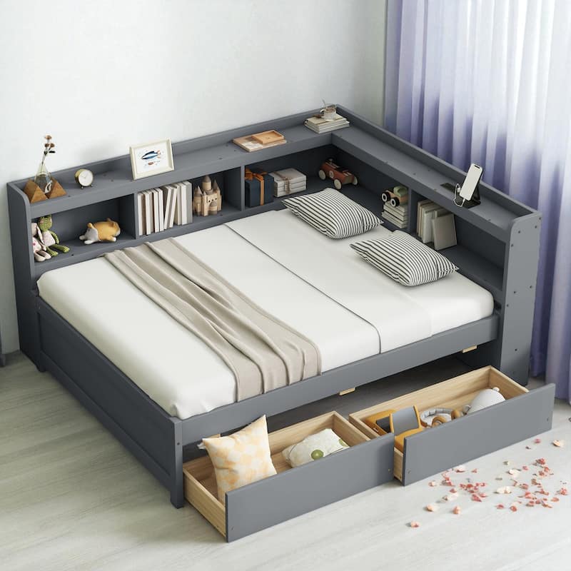 Full Size Bed with L-Shaped Bookcases, Power Outlets, USB Ports and 2 Storage Drawers