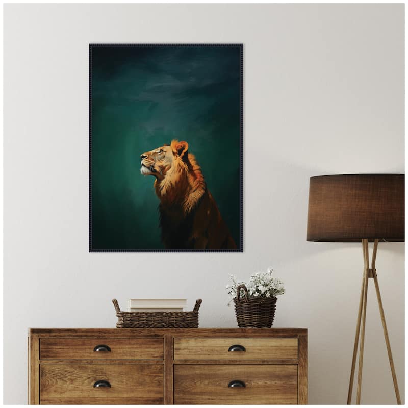 Kate and Laurel Lion on Tonal Blue Teal Green Abstract by The Creative Bunch Studio Framed Canvas Wall Art Print