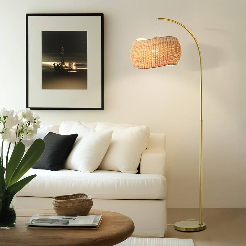Brightech Wave 81 in. Mid-Century Modern LED Super Bright Floor Lamp with Beige Bamboo Drum Shade - Brass