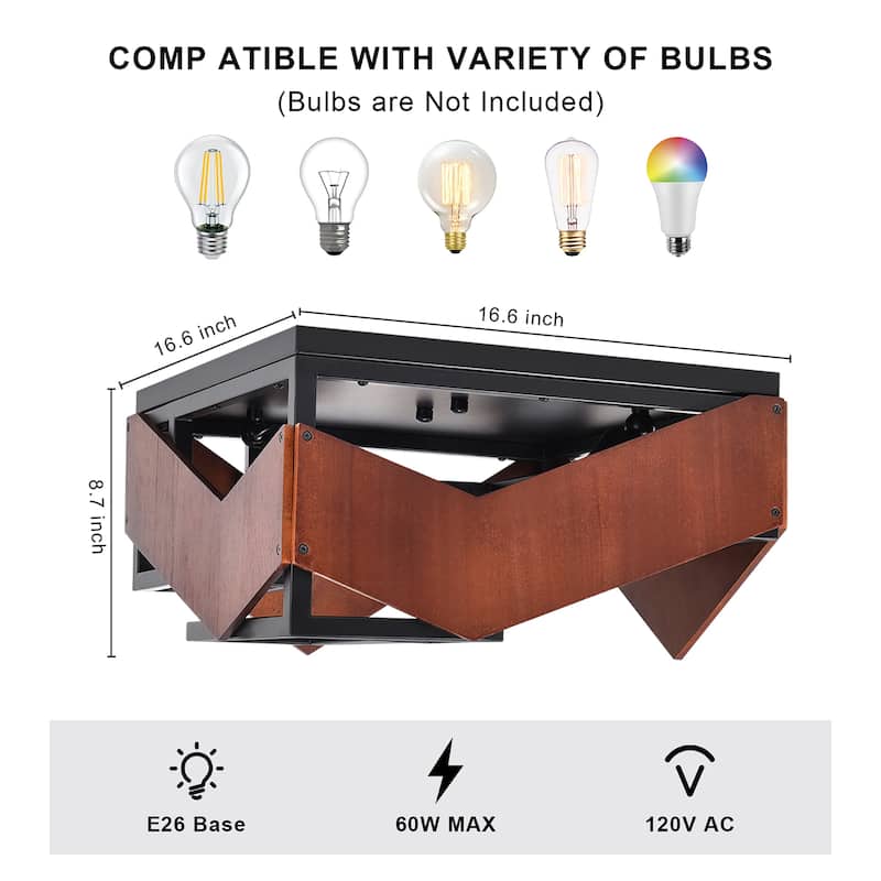 2 - Light Geometric Flush Mount Ceiling Light, Wood & Metal Design - Matte Black - N/A