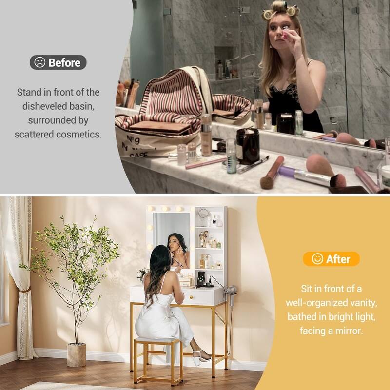 Modern White Makeup Vanity Table with LED Mirror, Stool, Storage Drawers