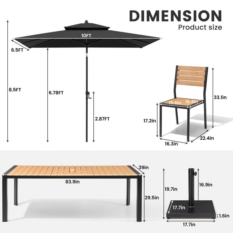 9/11-Piece Outdoor Dining Set w/10 ft Umbrella and Base Aluminum Dining Table and Stackable Chairs