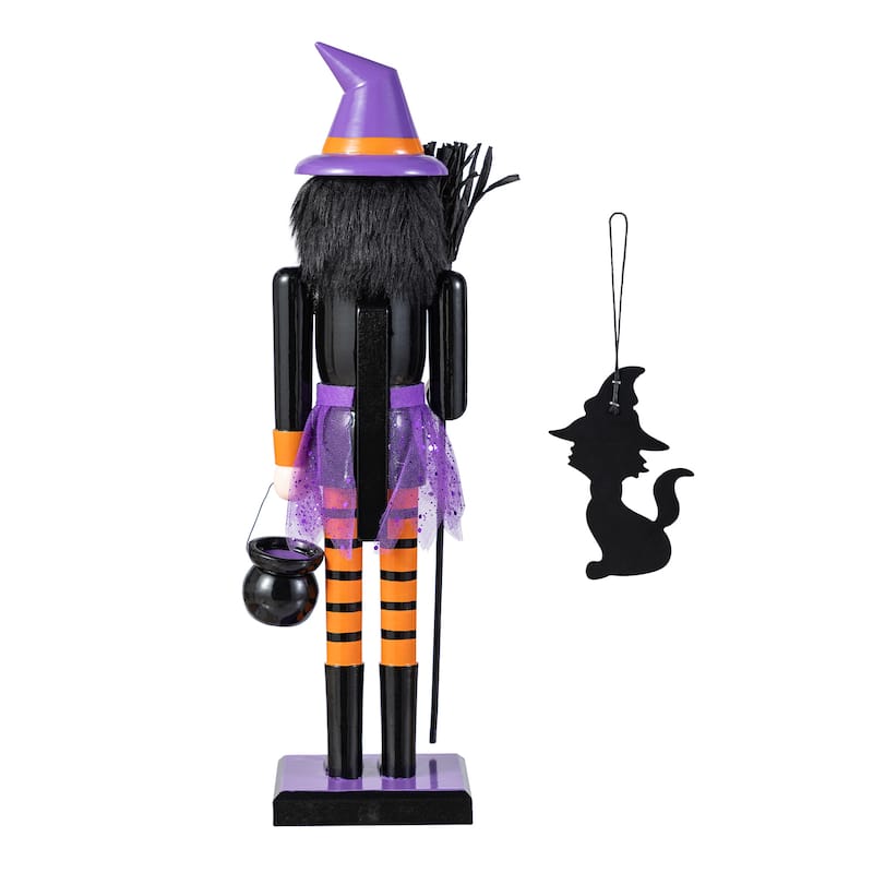 Glitzhome 18.50"H Halloween Wood Witch Nutcracker with Witch Cat Ornament