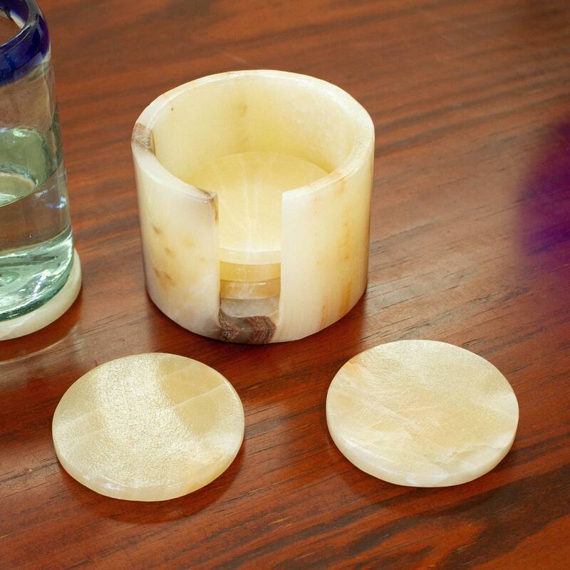 NOVICA Artisan Handblown Onyx Coasters Mexican Ivory Brown Stone Tableware Gemstone Barware 'Elegant Earth'(Set of 6)