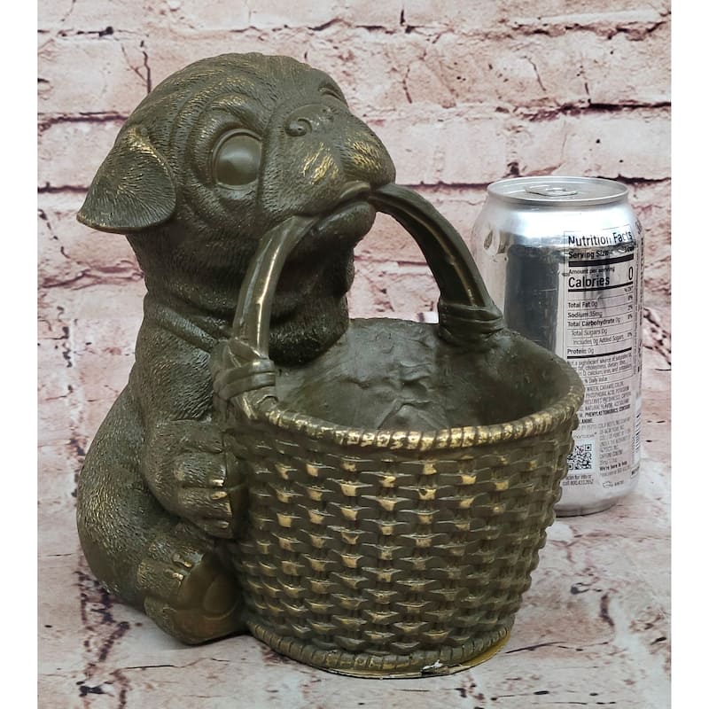 Bronze Pug Puppy Holding Woven Basket – Dog Figurine