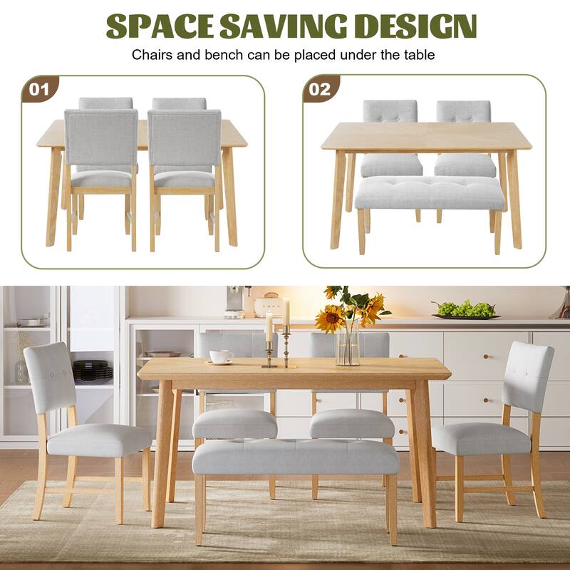 6 Piece Dining Room Table Set, Rustic Farmhouse Dining Room Rectangular Table with 4 Upholstered Chairs and Bench, Solid