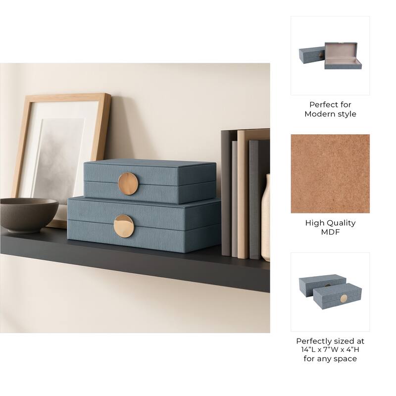 Decorative Rectangle Storage Boxes with Lid (Set of 2) - Blue, 12" - 14" - 14.0"