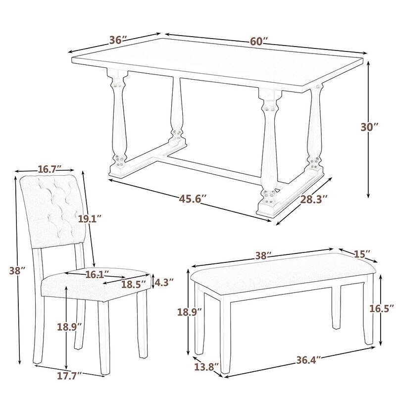 6 PCS Dining Table and Chair Set for 6-Foam-covered Seat Backs & Cushions