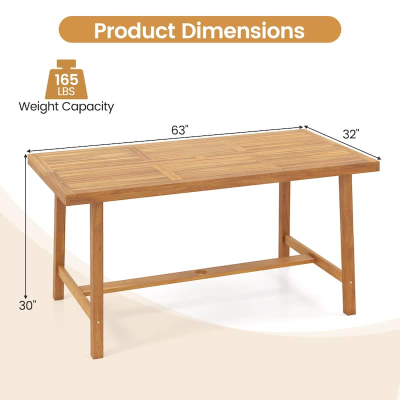 Natural Acacia Wood Rectangular Outdoor Dining Table with Umbrella Hole for 6-Seater - 63" x 32" x 30"(L x W x H)