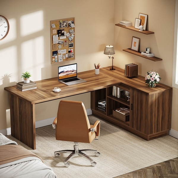70.87-Inch L-Shaped Executive Desk with File Cabinet and Shelves